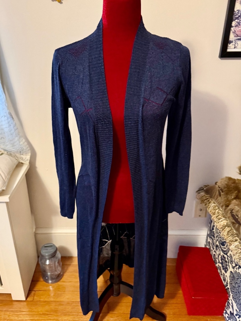 Belldini Wms long open front dark blue lightweight cardigan size Sm